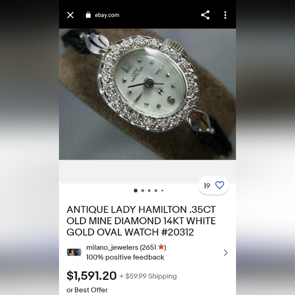 ANTIQUE LADY HAMILTON .35CT OLD MINE DIAMOND 14KT WHITE GOLD OVAL WATCH - Picture 3 of 5